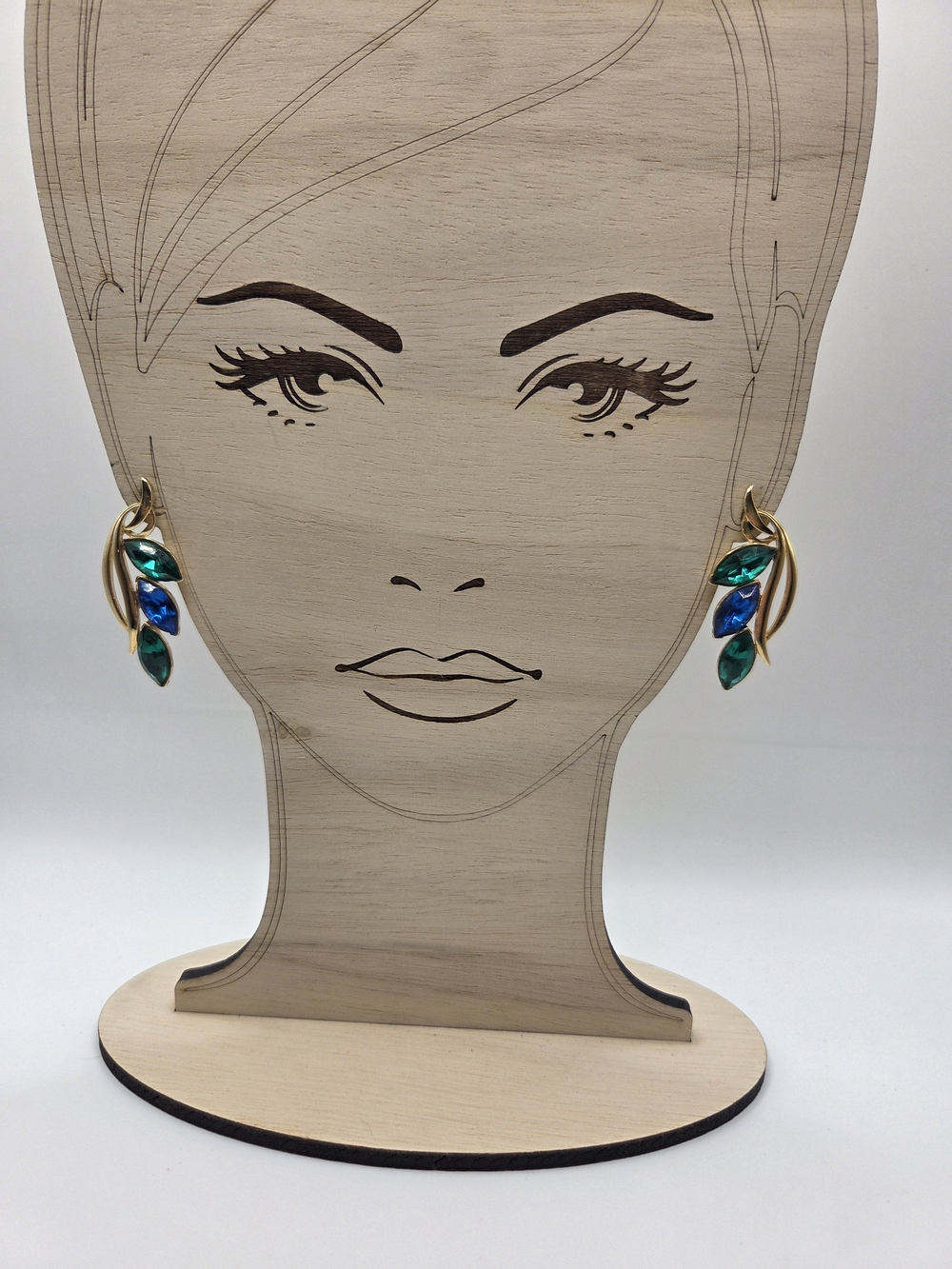 1603. Gold Tone Leaf Drop Earrings with Blue and Green Crystals